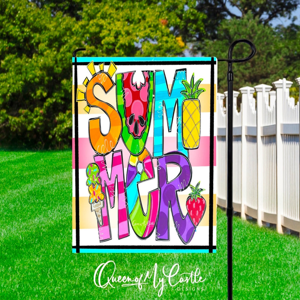 Garden flag featuring the text "summer" made out of summer-themed items, such as sunshine, watermelon, ice cream, and fruit.